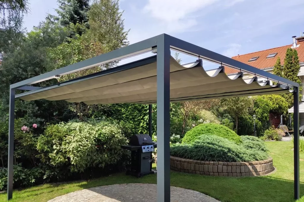 wolnostojąca pergola tarasowa aluminiowa, z zadaszeniem tkaninowym, sterowanym za pomocą linki