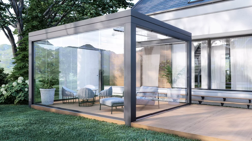 aluminiowa pergola ze szklanym dachem i zabudową boczną szklaną